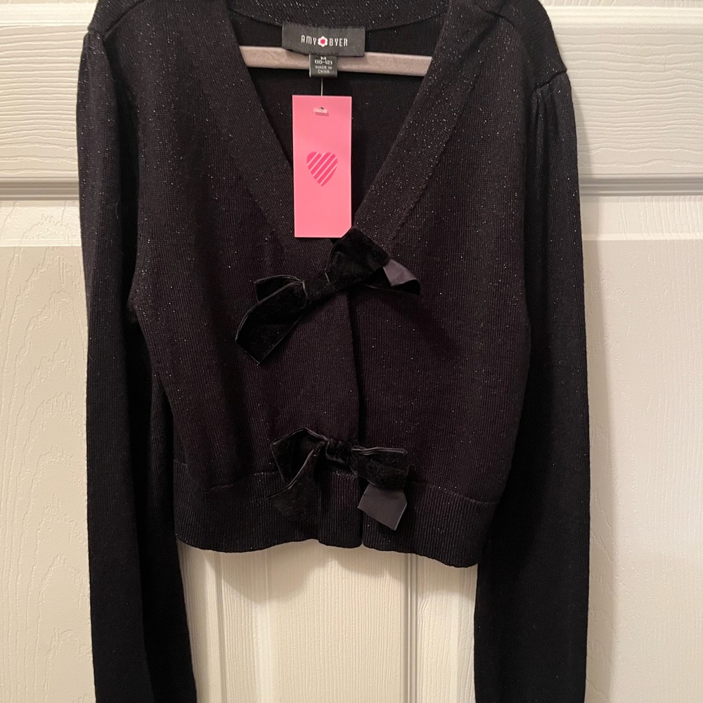 Girl’s Amy Byer black cardigan with velvet bow